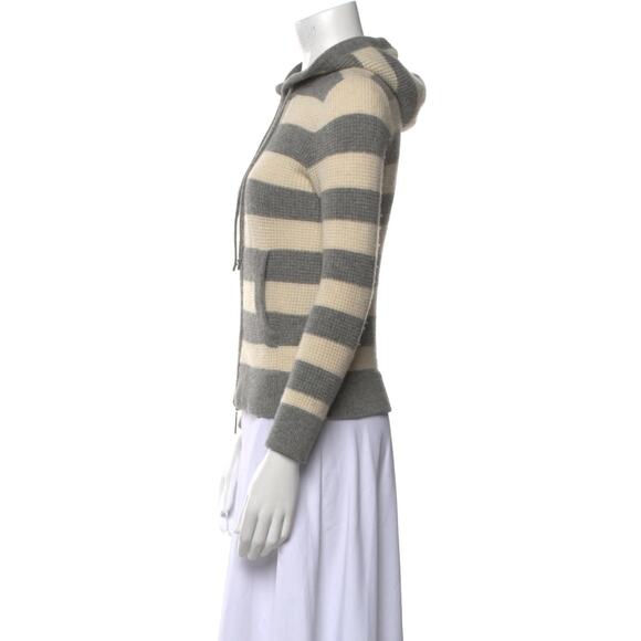 VINCE Cashmere Striped Hooded Full Zip Sweater - M Grey/Cream - Picture 3 of 4